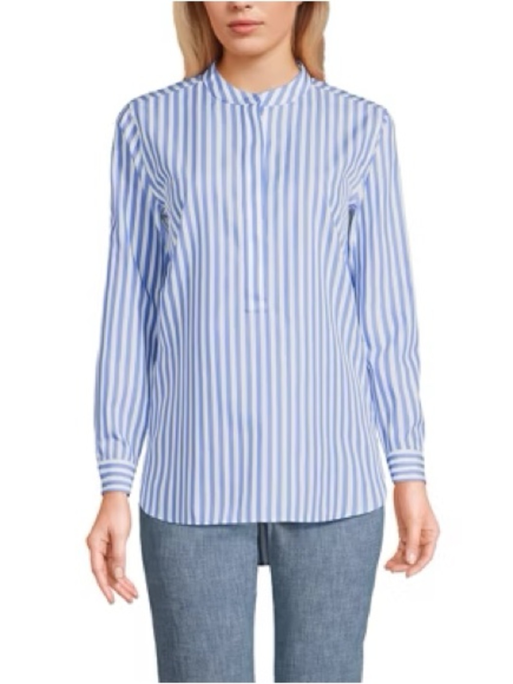 Lands' End Blue and White Vertical Stripe Stand-Collar Shirt